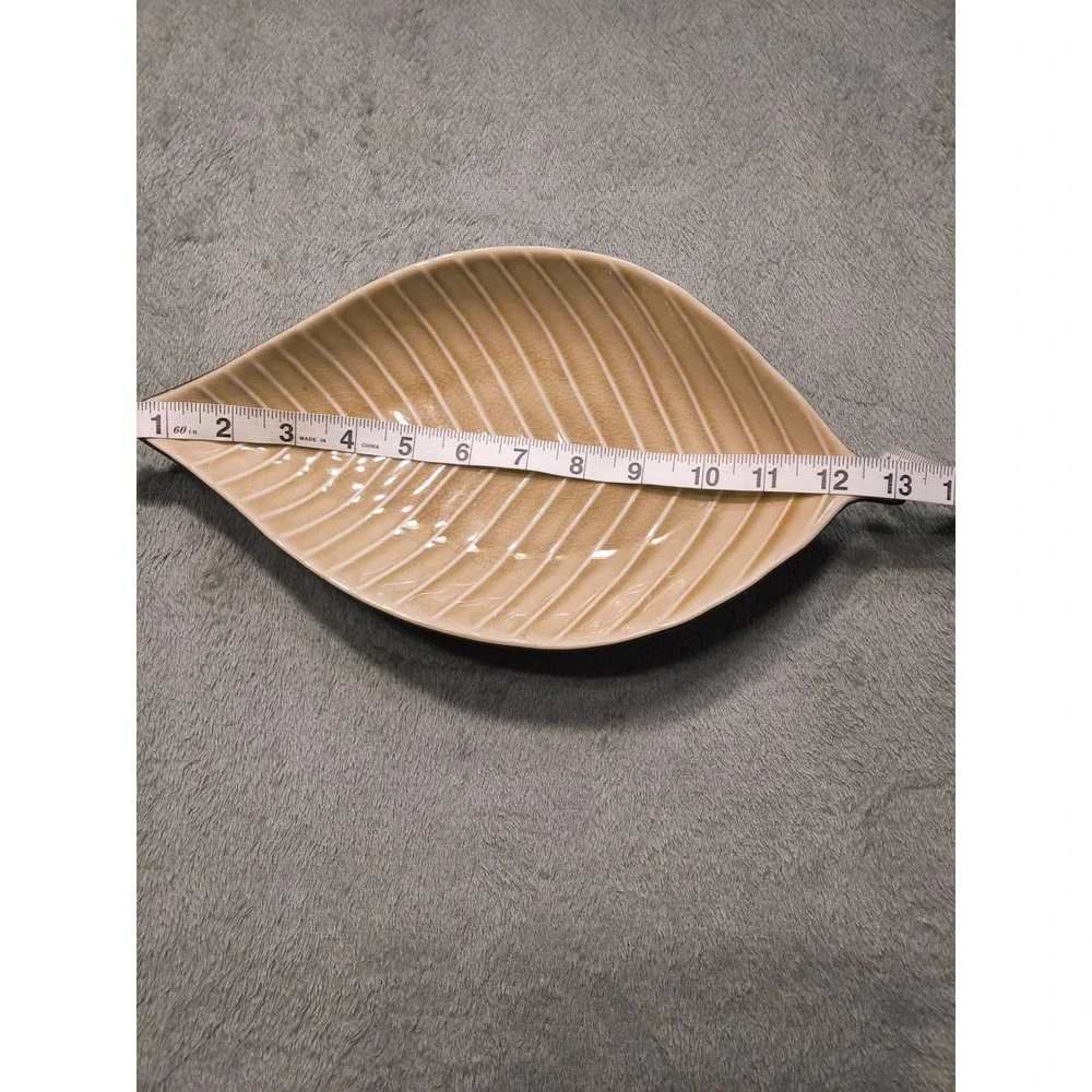 Taupe Leaf Ceramic Serving Dish Crackle Glaze Tan Black 12.5 Inch Platter